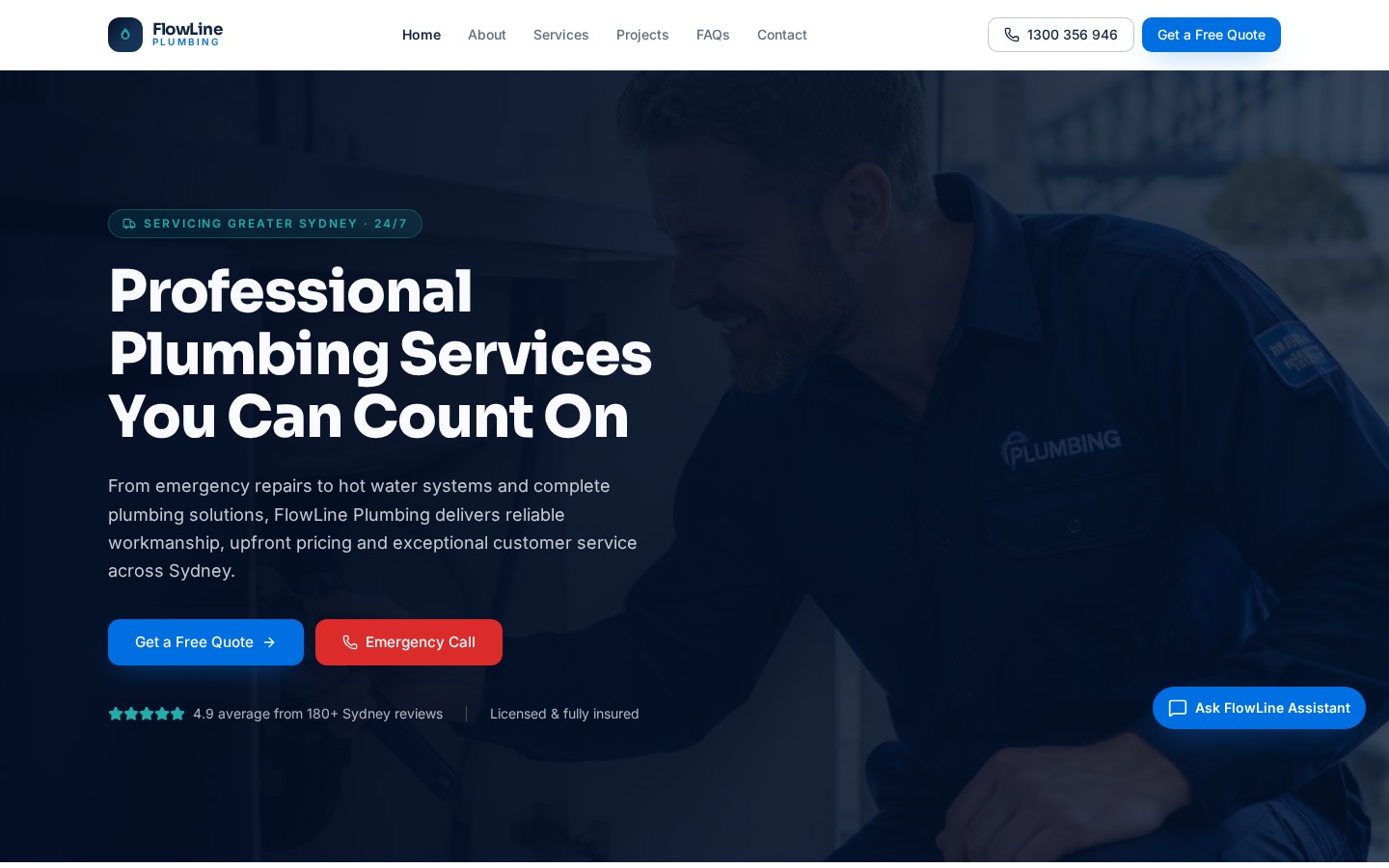 FlowLine Plumbing website concept homepage
